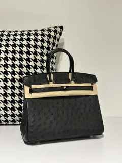 Ostrich Leather Black 25cm Silver Hardware Top Handle Tote Bag WOB050 image 1