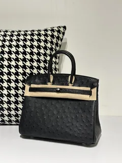 Ostrich Leather Black 25cm Silver Hardware Top Handle Tote Bag WOB050 image 2