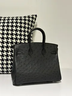 Ostrich Leather Black 25cm Silver Hardware Top Handle Tote Bag WOB050 image 3