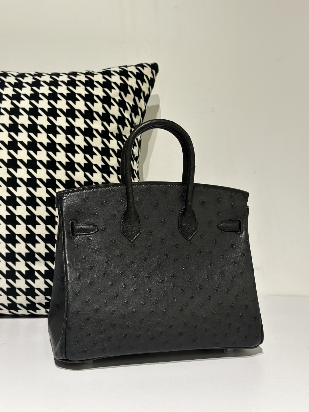 Ostrich Leather Black 25cm Silver Hardware Top Handle Tote Bag WOB050 photo 3
