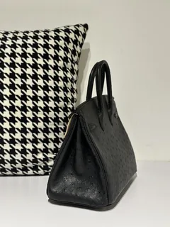 Ostrich Leather Black 25cm Silver Hardware Top Handle Tote Bag WOB050 image 4