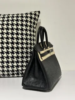 Ostrich Leather Black 25cm Silver Hardware Top Handle Tote Bag WOB050 image 5