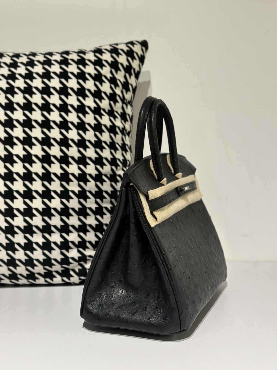 Ostrich Leather Black 25cm Silver Hardware Top Handle Tote Bag WOB050 photo 5