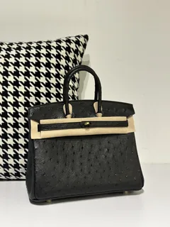 Ostrich Leather Black 25cm Gold Hardware Top Handle Tote Bag WOB051 image 1