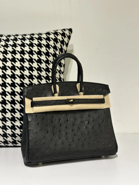 Ostrich Leather Black 25cm Gold Hardware Top Handle Tote Bag WOB051