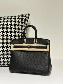 Ostrich Leather Black 25cm Gold Hardware Top Handle Tote Bag WOB051 image 2