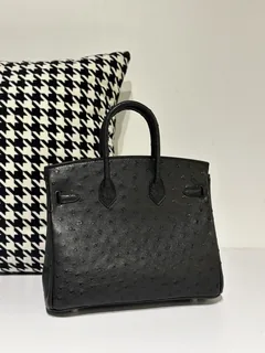 Ostrich Leather Black 25cm Gold Hardware Top Handle Tote Bag WOB051 image 3