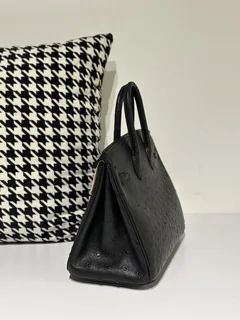 Ostrich Leather Black 25cm Gold Hardware Top Handle Tote Bag WOB051 image 4