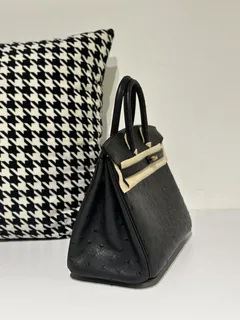 Ostrich Leather Black 25cm Gold Hardware Top Handle Tote Bag WOB051 image 5
