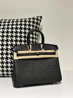 Ostrich Leather Black 25cm Gold Hardware Top Handle Tote Bag WOB052 image 1