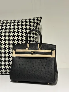 Ostrich Leather Black 25cm Gold Hardware Top Handle Tote Bag WOB052 image 2