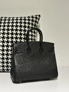 Ostrich Leather Black 25cm Gold Hardware Top Handle Tote Bag WOB052 image 3