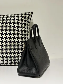 Ostrich Leather Black 25cm Gold Hardware Top Handle Tote Bag WOB052 image 4