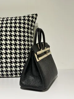 Ostrich Leather Black 25cm Gold Hardware Top Handle Tote Bag WOB052 image 5