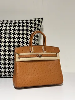 Ostrich Leather Golden Brown 25cm Silver Hardware Top Handle Tote Bag WOB053 image 1