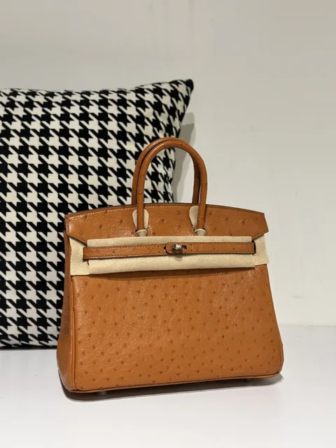 Ostrich Leather Golden Brown 25cm Silver Hardware Top Handle Tote Bag WOB053