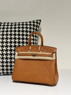 Ostrich Leather Golden Brown 25cm Silver Hardware Top Handle Tote Bag WOB053 image 2