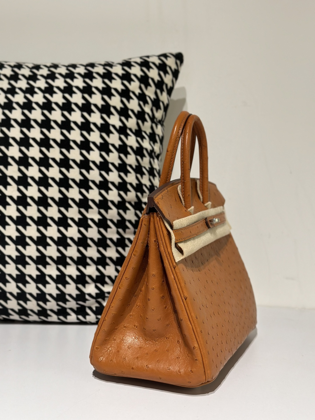 Ostrich Leather Golden Brown 25cm Silver Hardware Top Handle Tote Bag WOB053 photo 5