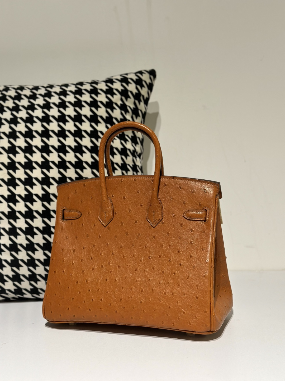Ostrich Leather Golden Brown 25cm Gold Hardware Top Handle Tote Bag WOB054 image 3