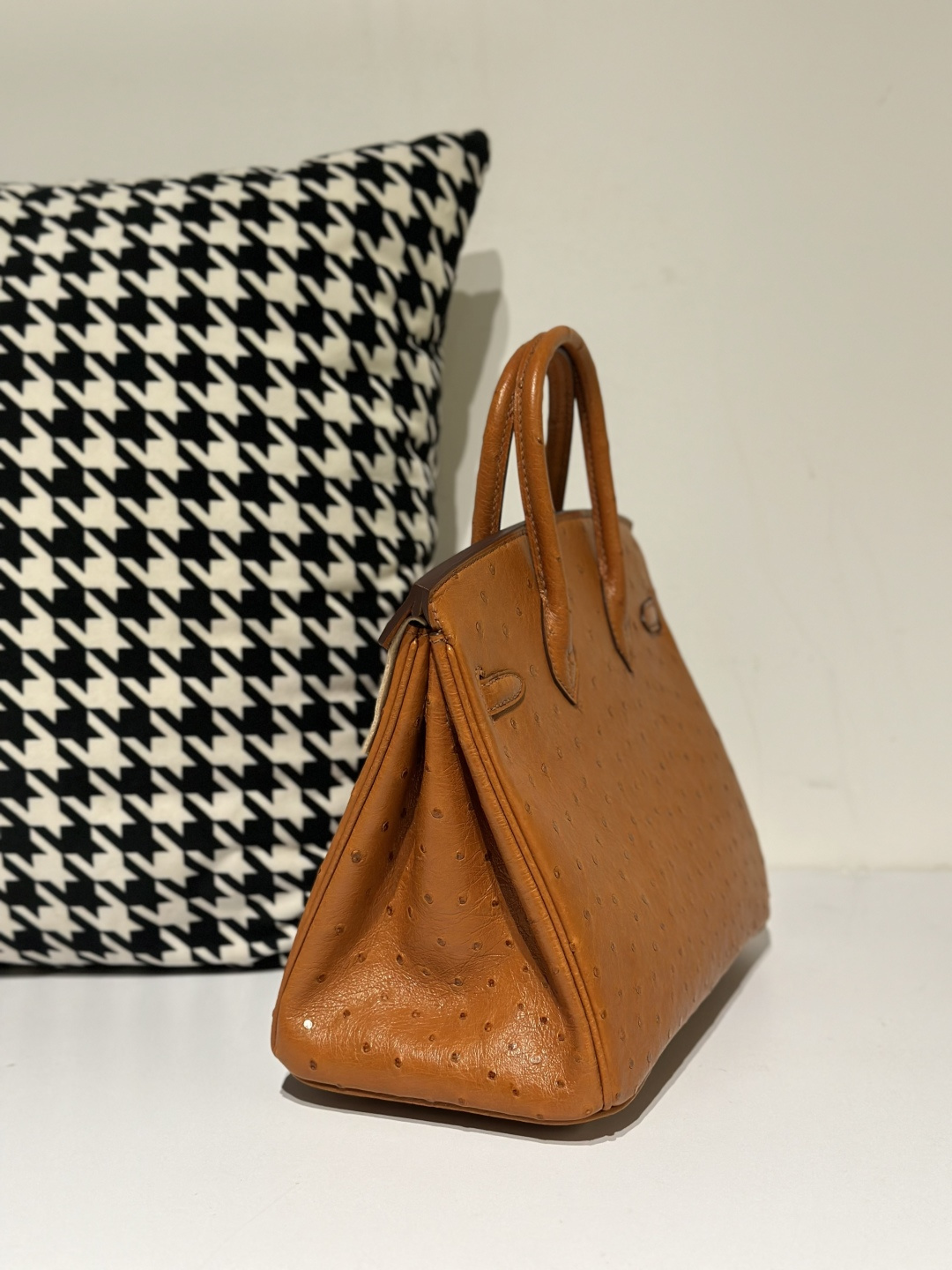Ostrich Leather Golden Brown 25cm Gold Hardware Top Handle Tote Bag WOB054 image 4
