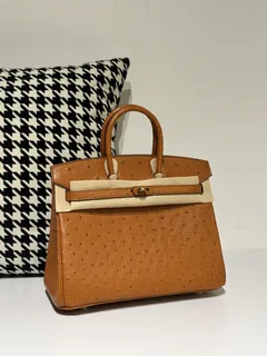 Ostrich Leather Golden Brown 25cm Gold Hardware Top Handle Tote Bag WOB055 image 1