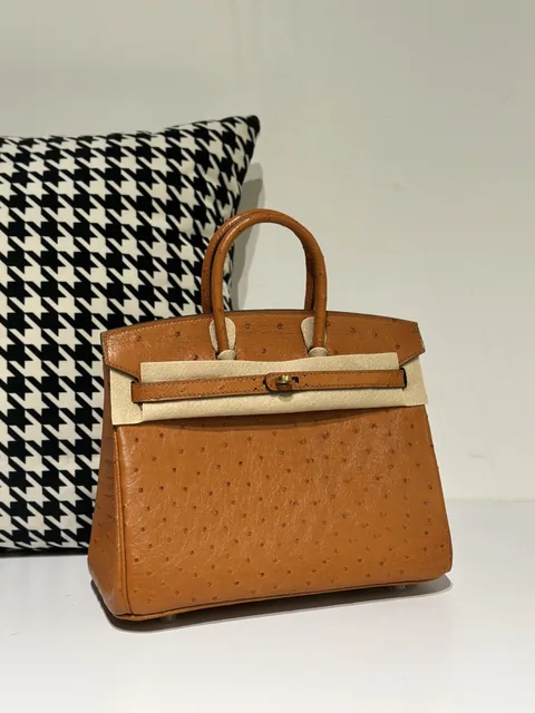 Ostrich Leather Golden Brown 25cm Gold Hardware Top Handle Tote Bag WOB055