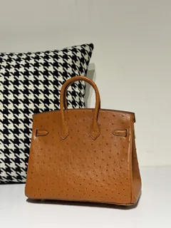 Ostrich Leather Golden Brown 25cm Gold Hardware Top Handle Tote Bag WOB055 image 3