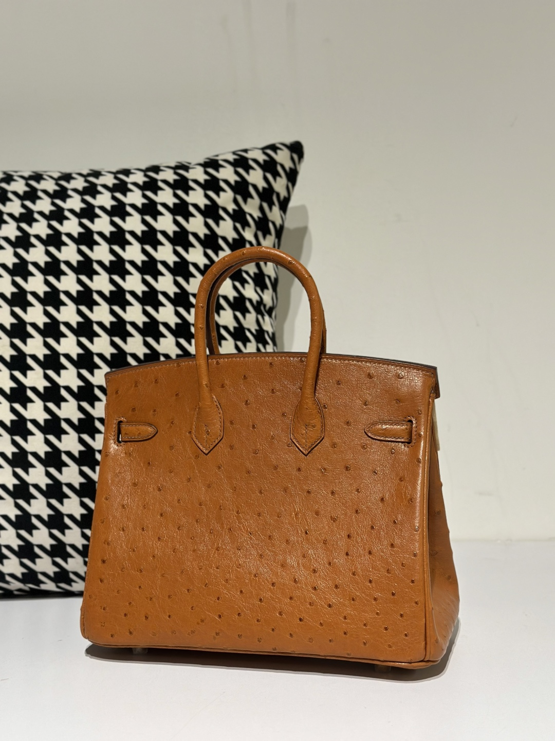 Ostrich Leather Golden Brown 25cm Gold Hardware Top Handle Tote Bag WOB055 image 3