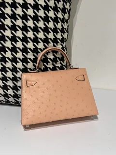 Ostrich Leather Peach Silver Hardware Series II Top Handle Bag WOB056 image 3