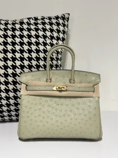 Ostrich Leather Sage Green 25cm Gold Hardware Top Handle Tote Bag WOB061 image 1