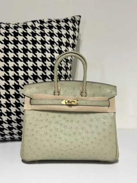Ostrich Leather Sage Green 25cm Gold Hardware Top Handle Tote Bag WOB061