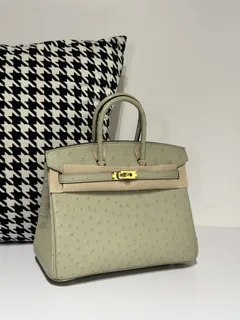 Ostrich Leather Sage Green 25cm Gold Hardware Top Handle Tote Bag WOB061 image 2