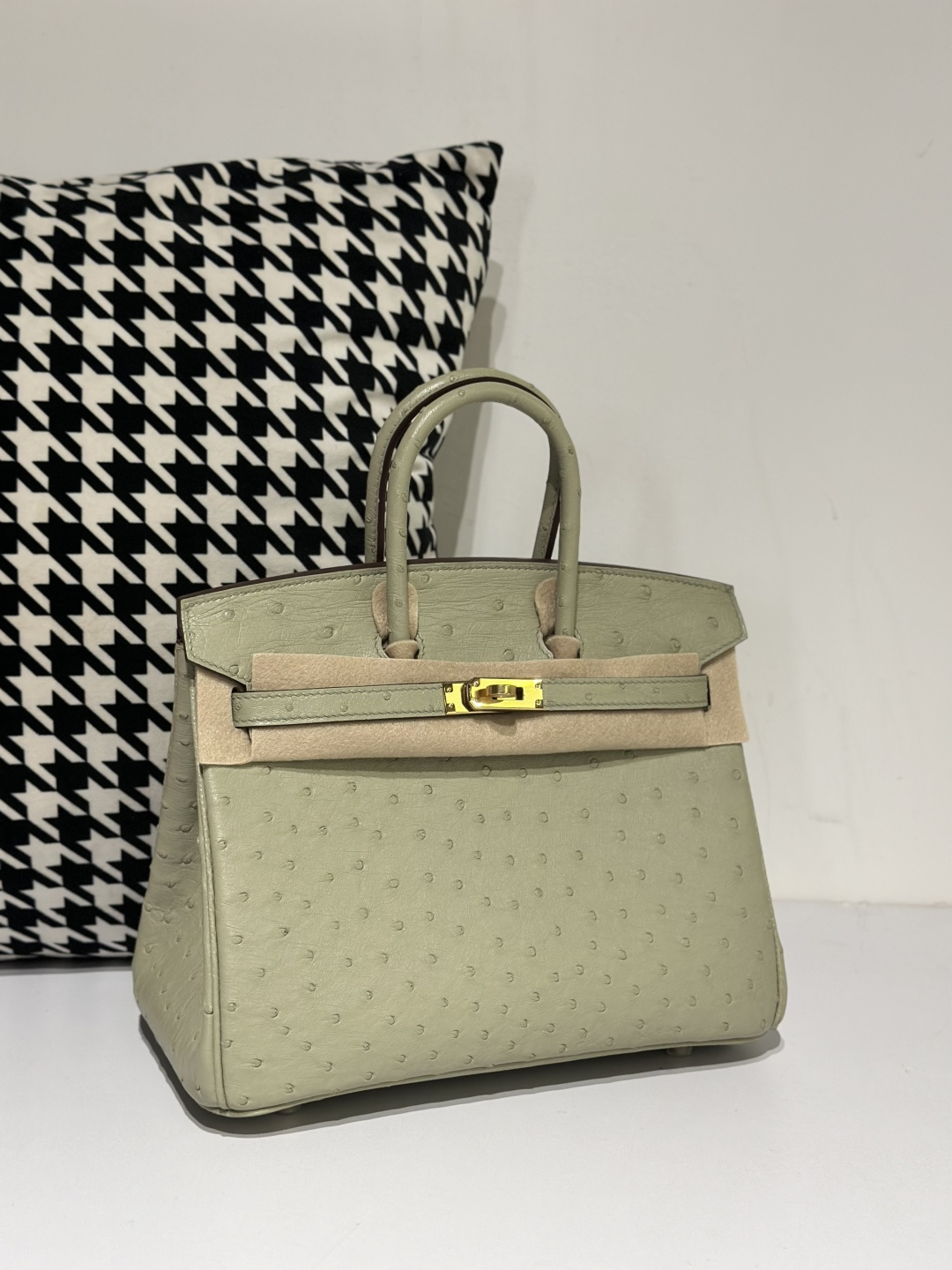Ostrich Leather Sage Green 25cm Gold Hardware Top Handle Tote Bag WOB061 image 2