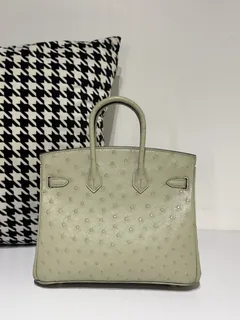Ostrich Leather Sage Green 25cm Gold Hardware Top Handle Tote Bag WOB061 image 3