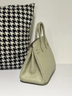 Ostrich Leather Sage Green 25cm Gold Hardware Top Handle Tote Bag WOB061 image 4