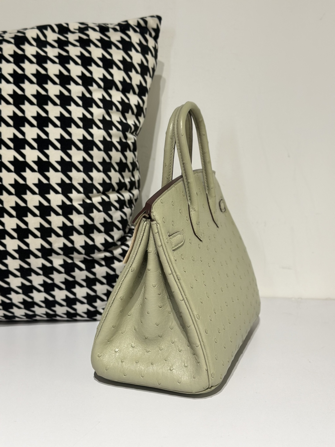 Ostrich Leather Sage Green 25cm Gold Hardware Top Handle Tote Bag WOB061 image 4