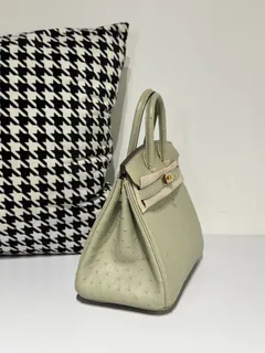Ostrich Leather Sage Green 25cm Gold Hardware Top Handle Tote Bag WOB061 image 5
