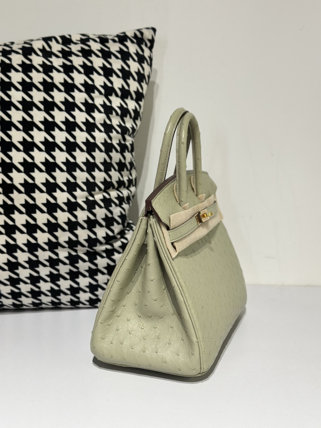Ostrich Leather Sage Green 25cm Gold Hardware Top Handle Tote Bag WOB061 image 5