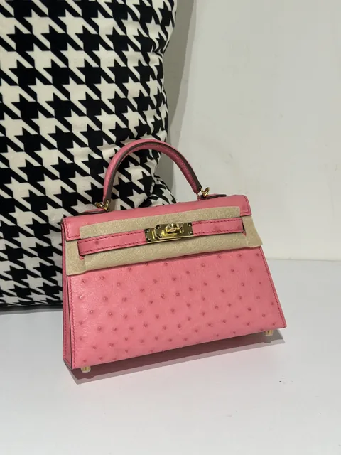 Ostrich Leather Bubble Pink Gold Hardware Series II Top Handle Bag WOB062