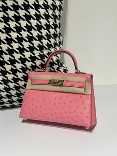 Ostrich Leather Bubble Pink Gold Hardware Series II Top Handle Bag WOB062 image 2