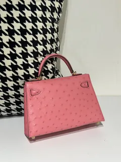 Ostrich Leather Bubble Pink Gold Hardware Series II Top Handle Bag WOB062 image 3