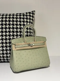 Ostrich Leather Sage Green 25cm Silver Hardware Top Handle Tote Bag WOB065 image 2