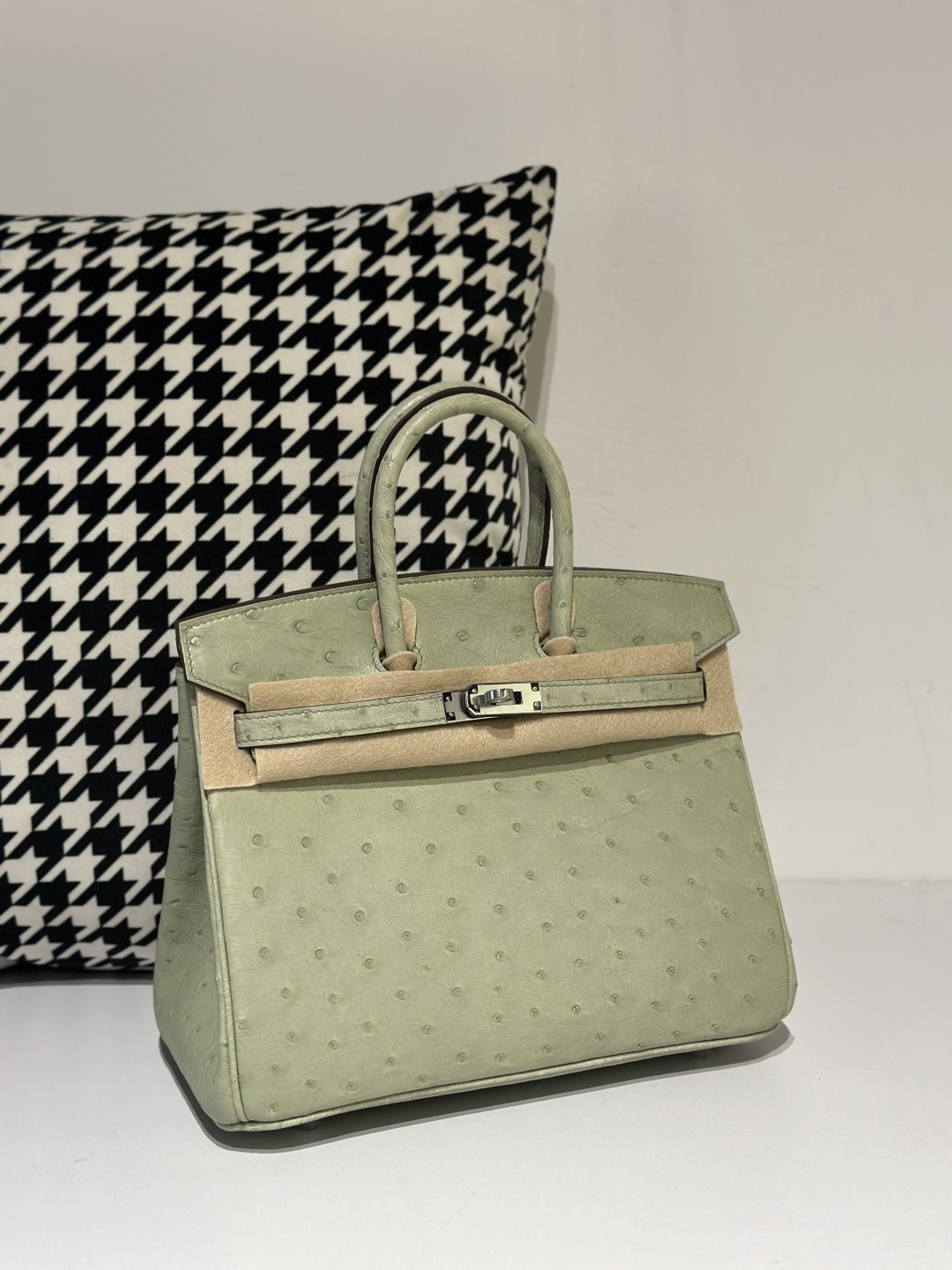 Ostrich Leather Sage Green 25cm Silver Hardware Top Handle Tote Bag WOB065 photo 2