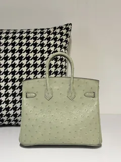 Ostrich Leather Sage Green 25cm Silver Hardware Top Handle Tote Bag WOB065 image 3