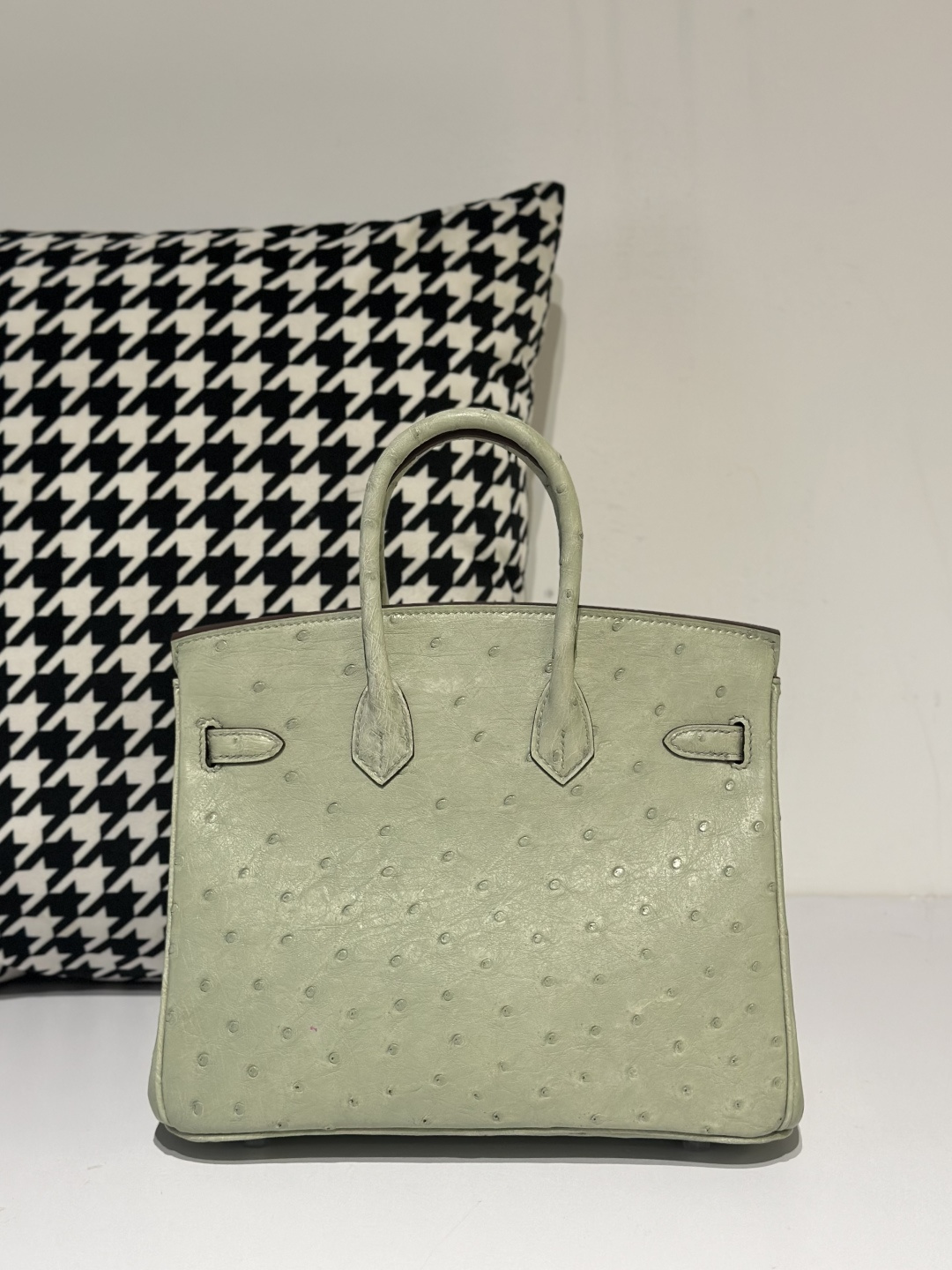 Ostrich Leather Sage Green 25cm Silver Hardware Top Handle Tote Bag WOB065 photo 3