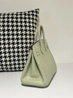 Ostrich Leather Sage Green 25cm Silver Hardware Top Handle Tote Bag WOB065 image 4
