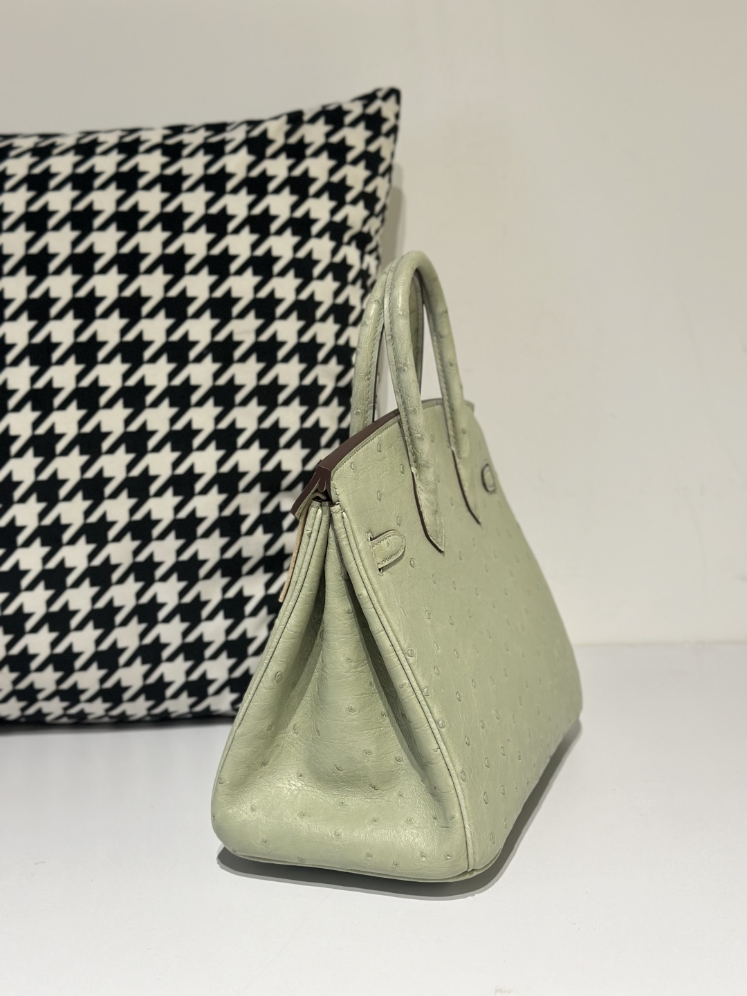 Ostrich Leather Sage Green 25cm Silver Hardware Top Handle Tote Bag WOB065 photo 4