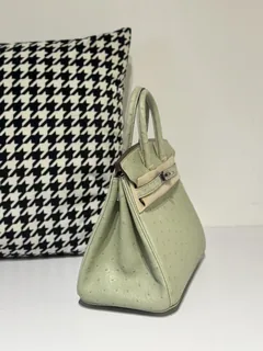Ostrich Leather Sage Green 25cm Silver Hardware Top Handle Tote Bag WOB065 image 5