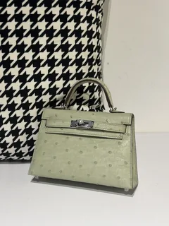 Ostrich Leather Sage Green Silver Hardware Series II Top Handle Bag WOB066 image 2