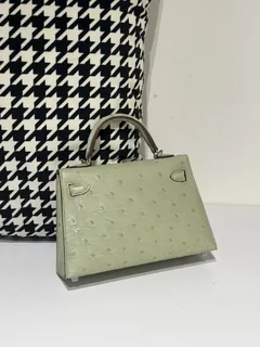 Ostrich Leather Sage Green Silver Hardware Series II Top Handle Bag WOB066 image 3